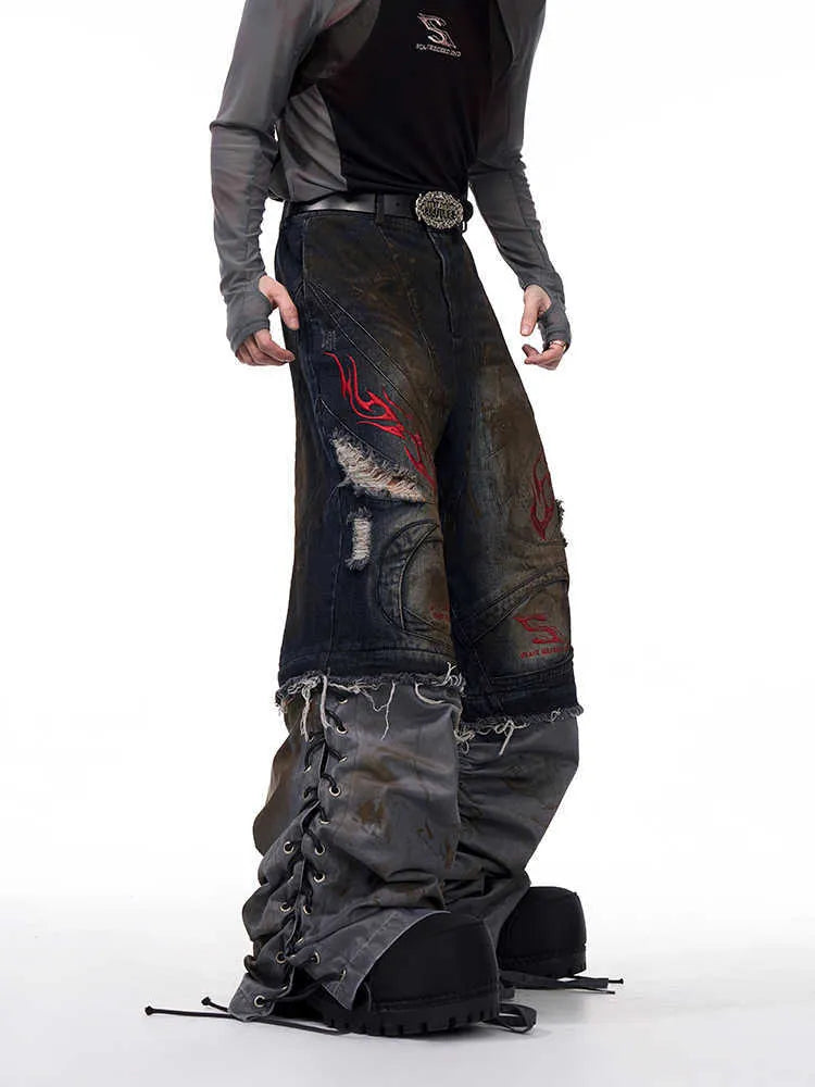 Men's retro wide leg denim jeans with detachable trouser legs in picture colour