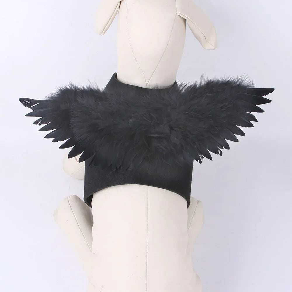 Halloween angel wings dog costume in felt cloth, chest-back design, available in black or white, sizes S M L