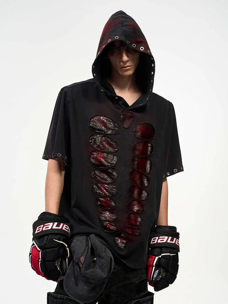 Men's black hooded short-sleeve t-shirt with sequin detailing, loose fit casual wear