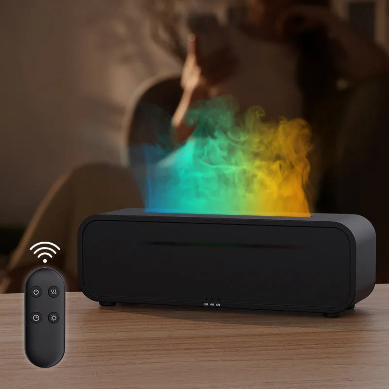 Flame dynamic aroma diffuser with remote control showing colour-changing LED lights