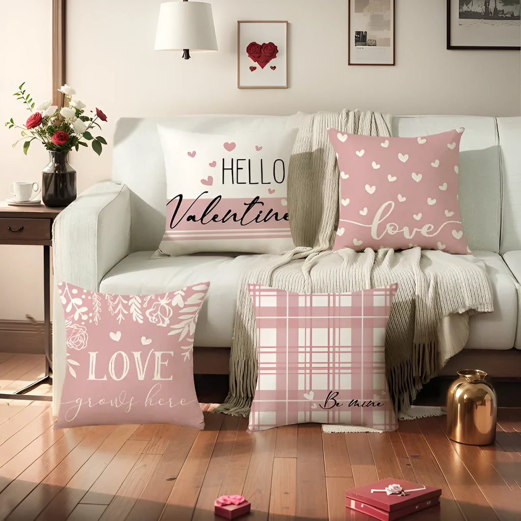 Square red and white plaid heart print Valentine's Day pillow cover on a cushion