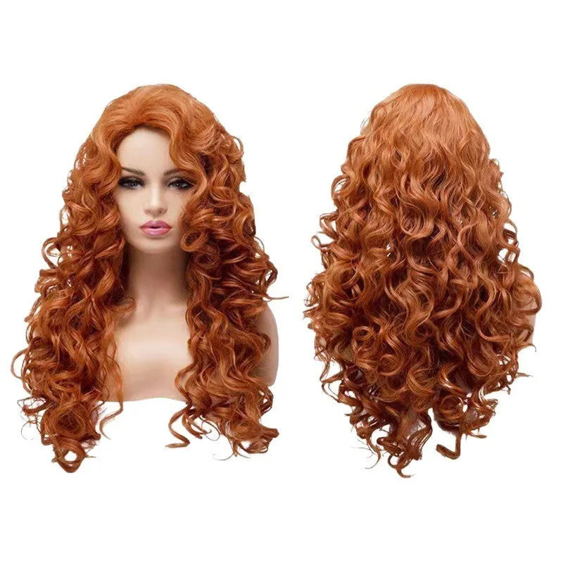 Brown long curly cosplay wig with wavy texture on wig head