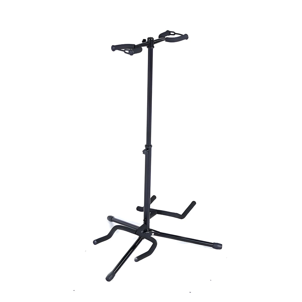 Black vertical double-headed adjustable guitar stand for acoustic and electric instruments