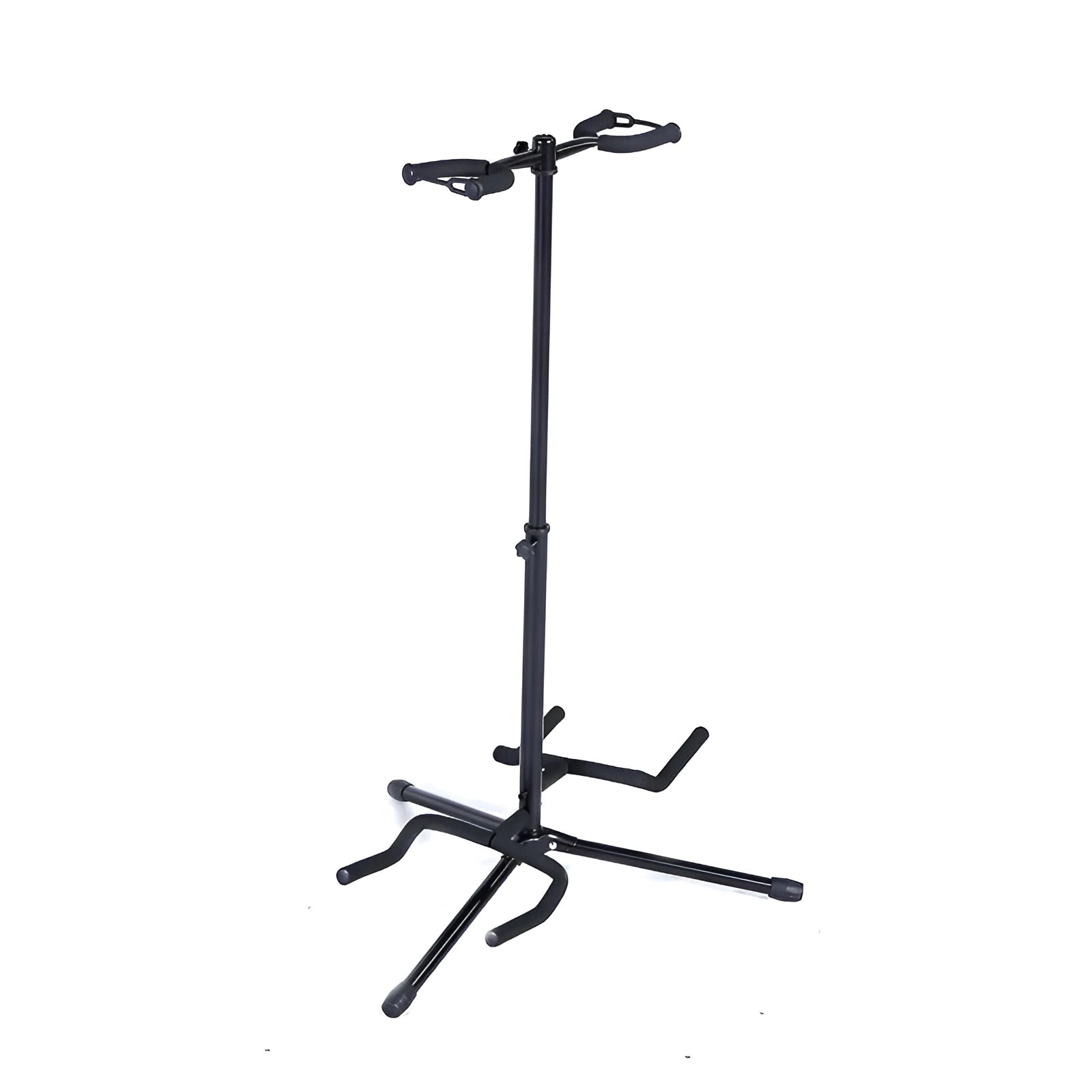 Black vertical double-headed adjustable guitar stand for acoustic and electric instruments
