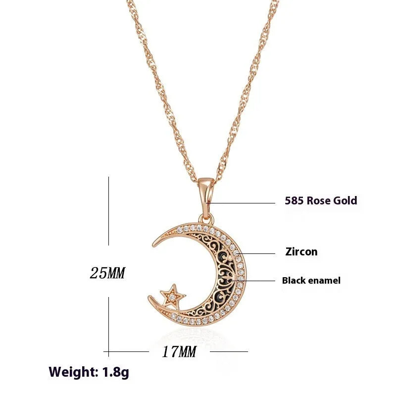 Rose gold plated necklace with star and moon zircon pendant on water wave chain