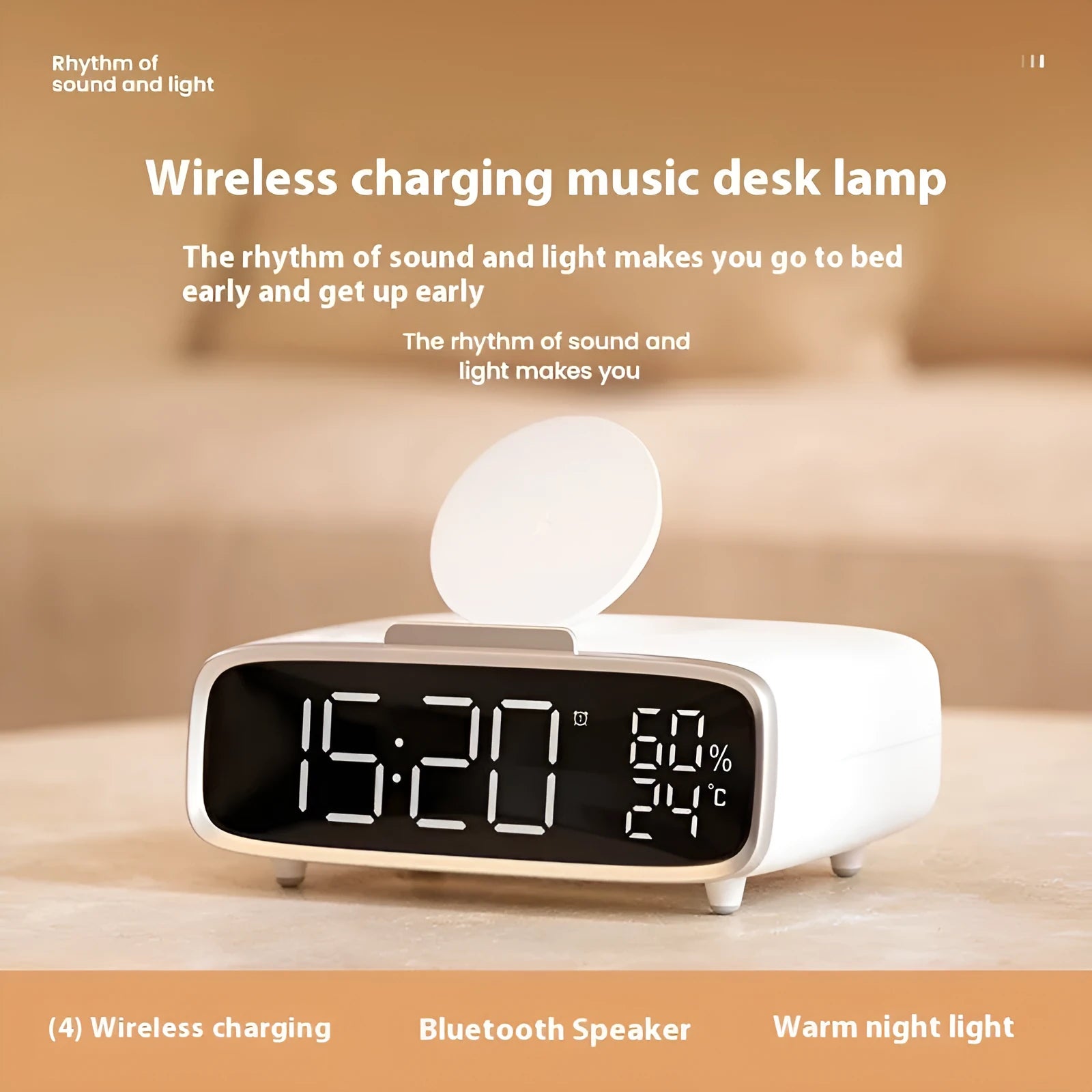 White wireless charger with Bluetooth speaker and night light on bedside table