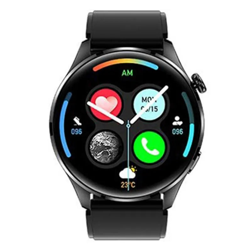 Smart watch with round IPS screen, zinc alloy case, and black silicone strap on wrist