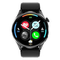 Smart watch with round IPS screen, zinc alloy case, and black silicone strap on wrist