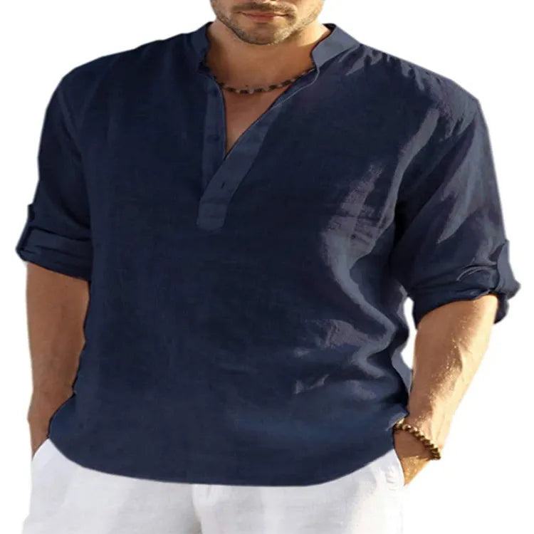 Men's casual cotton linen shirt with stand collar and button-down front in solid colour