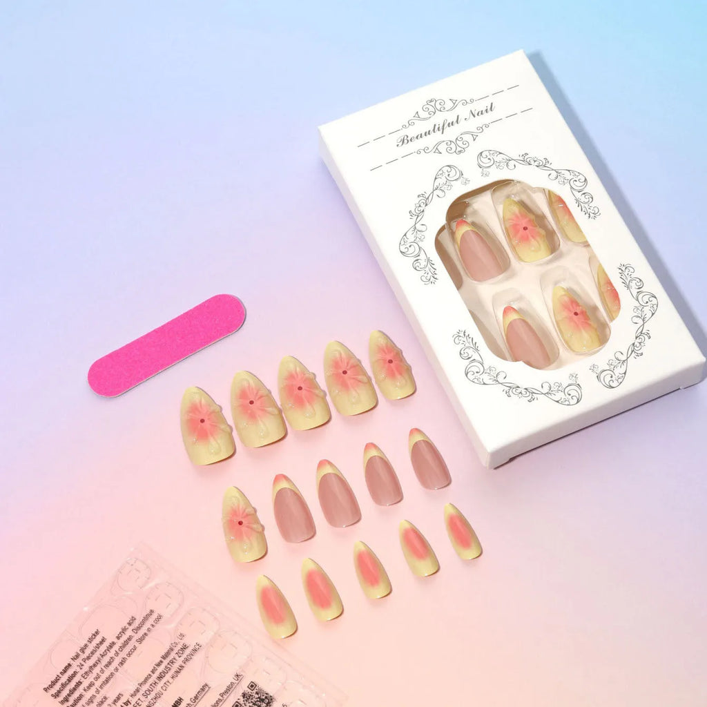 Cartoon-style 3D flower press-on false nails with detachable armour pieces, jelly glue, and a file.