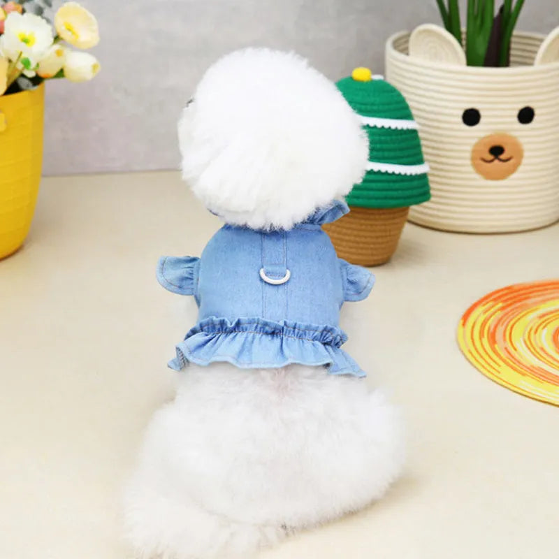 Dark blue denim pet dress with ruffled vest design and leash hook for dogs and cats