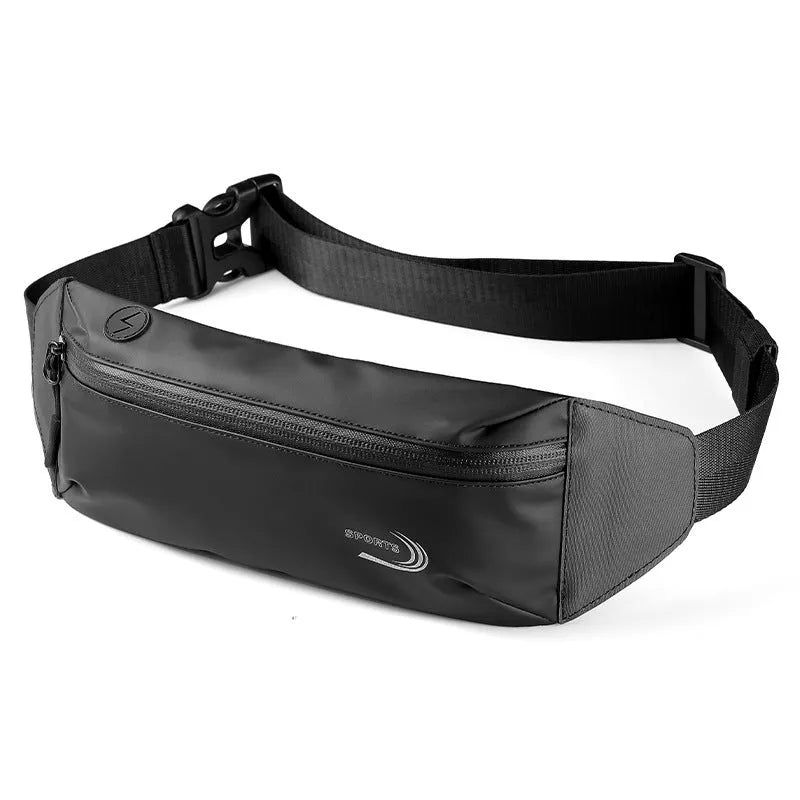 Blue waterproof polyester waist bag for men, shown on a waist, with adjustable strap.