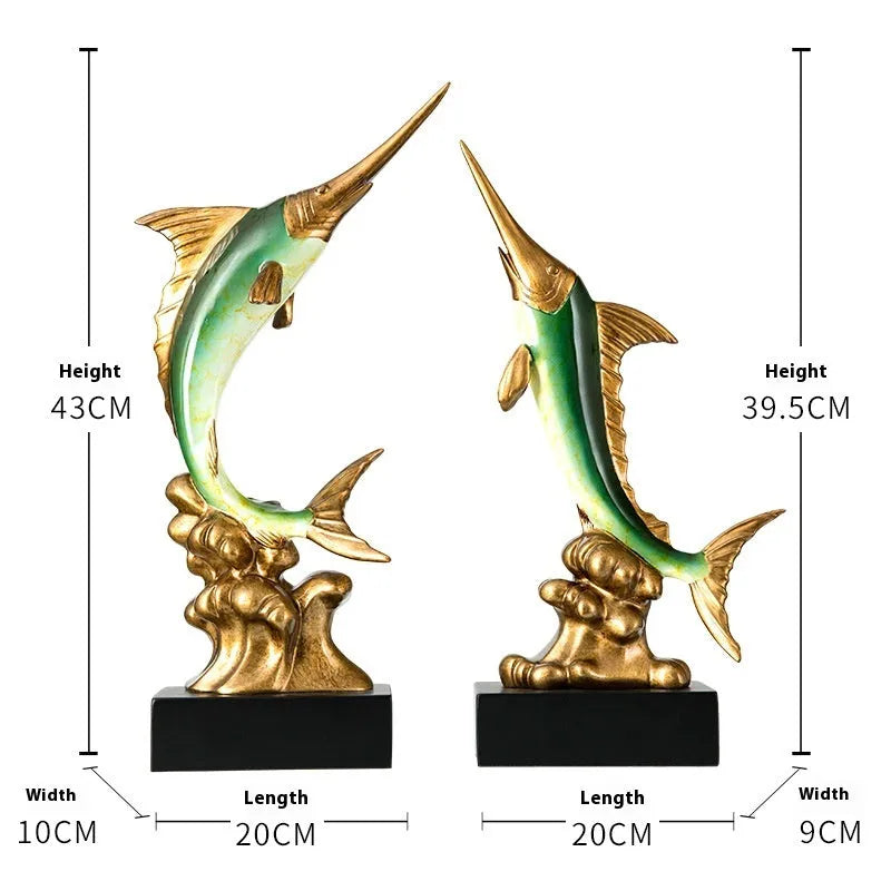 European style swordfish resin plastic decoration in ocean green, lake blue, coral red, or bright gold colour options