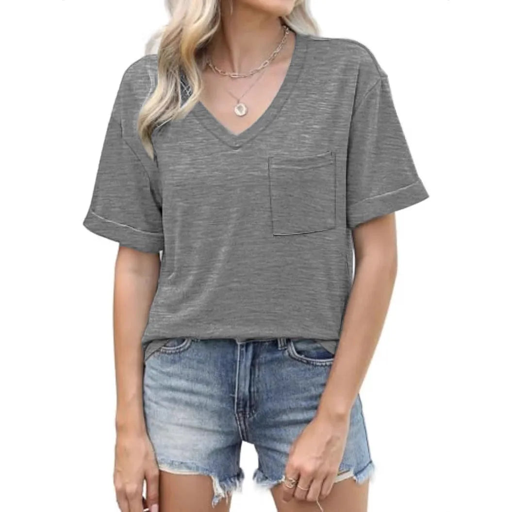 Grey loose V-neck short sleeve T-shirt with chest pocket in Japanese Korean casual style