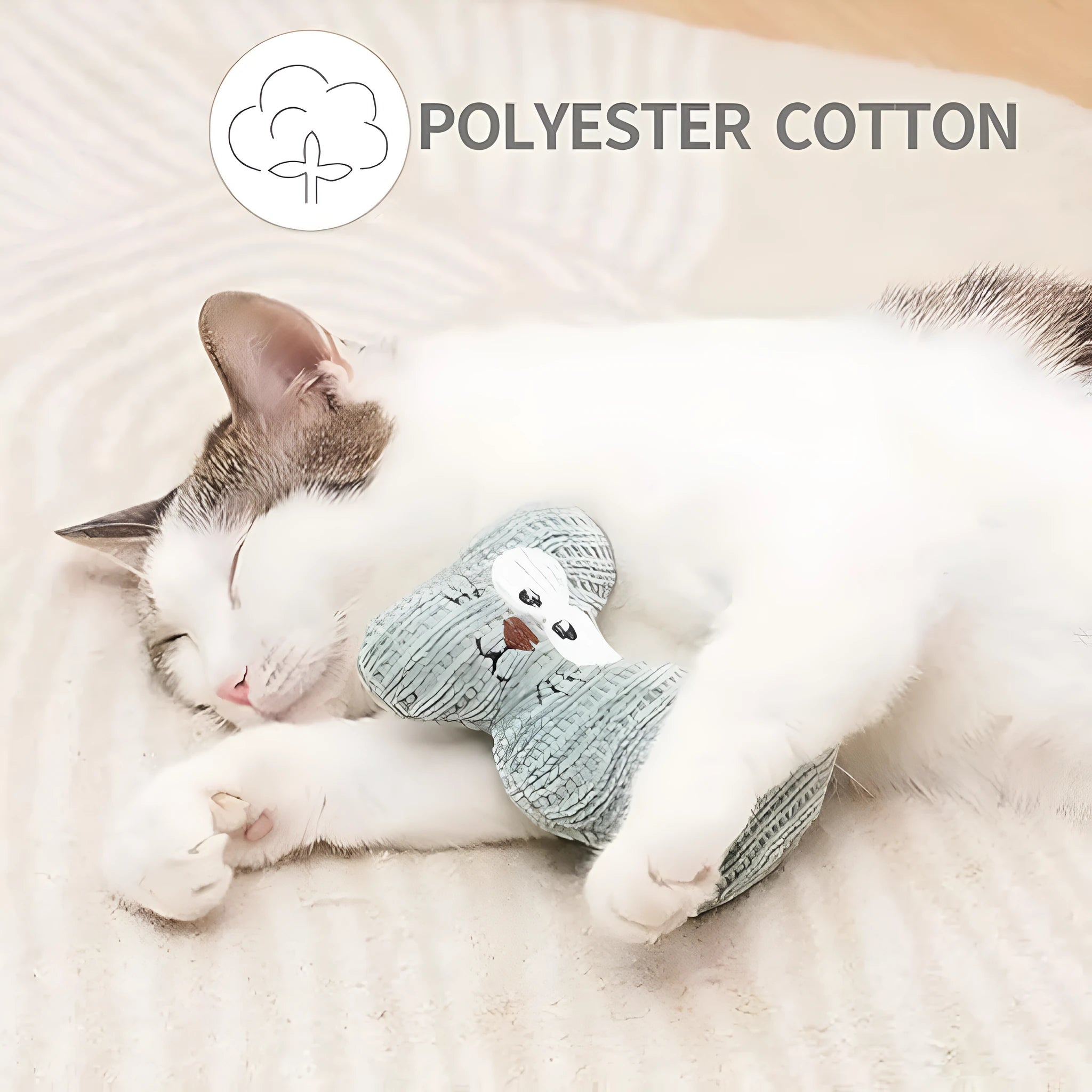 Cyan plush rope catnip toy with bell for cats, showing knitted fabric texture and measuring 12 cm by 11 cm