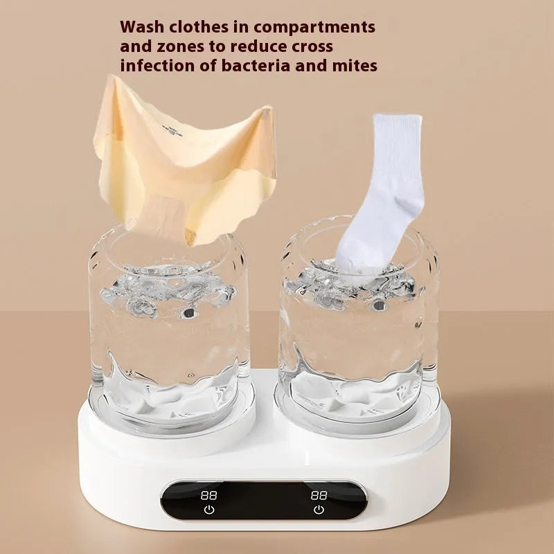 White double bucket mini washing machine with USB cable connection for portable laundry