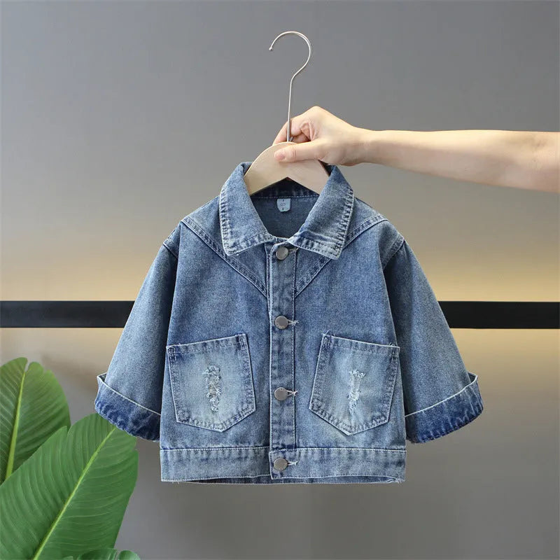 Girls single-breasted denim bow coat in pink or white, cotton fabric, back bow detail, cartoon pattern, spring autumn wear