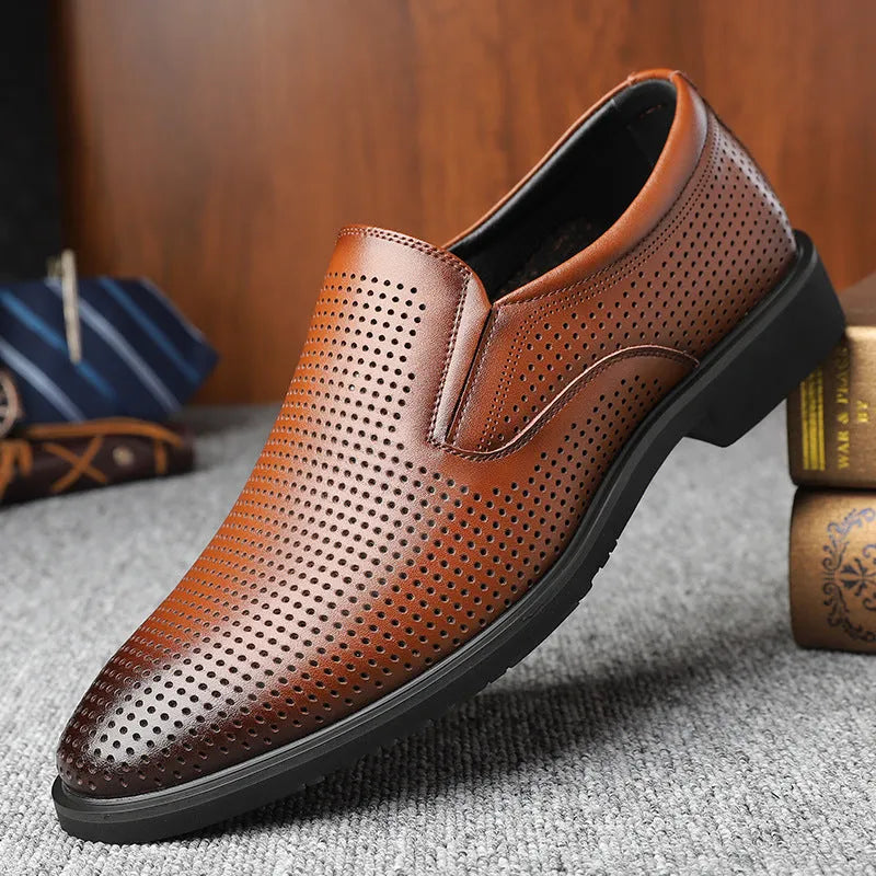 Men's black business casual slip-on shoes with renewable leather upper and rubber sole