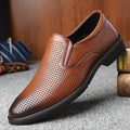 Men's black business casual slip-on shoes with renewable leather upper and rubber sole