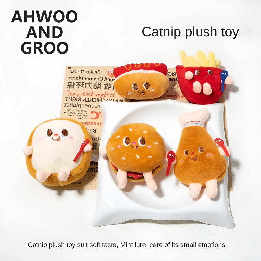Set of five cat teething toys shaped like hamburger, chicken leg, fries, bread and hot dog