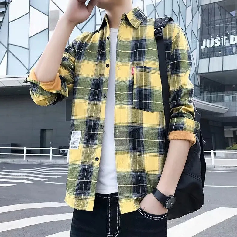 Men's Warm Thickened Cotton Cardigan Plaid Shirt Korean Slim Fit Coat Trendy Handsome for Leisure Wear in Multiple Colours and Sizes M-3XL