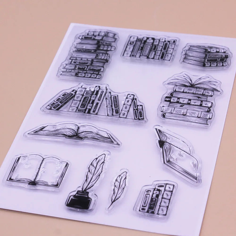 Large transparent silicone craft stamp with self-adhesive backing on a white background.