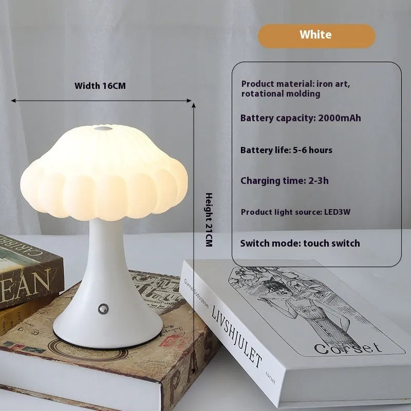 Wood grain coloured mushroom-shaped touch control night light on a wooden surface.