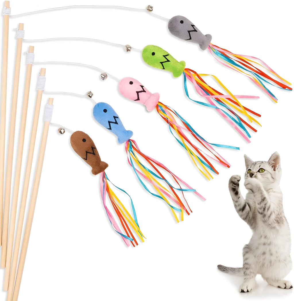 Cat wand toy with wooden handle, colourful ribbons, catnip fish attachment and bell for indoor feline play
