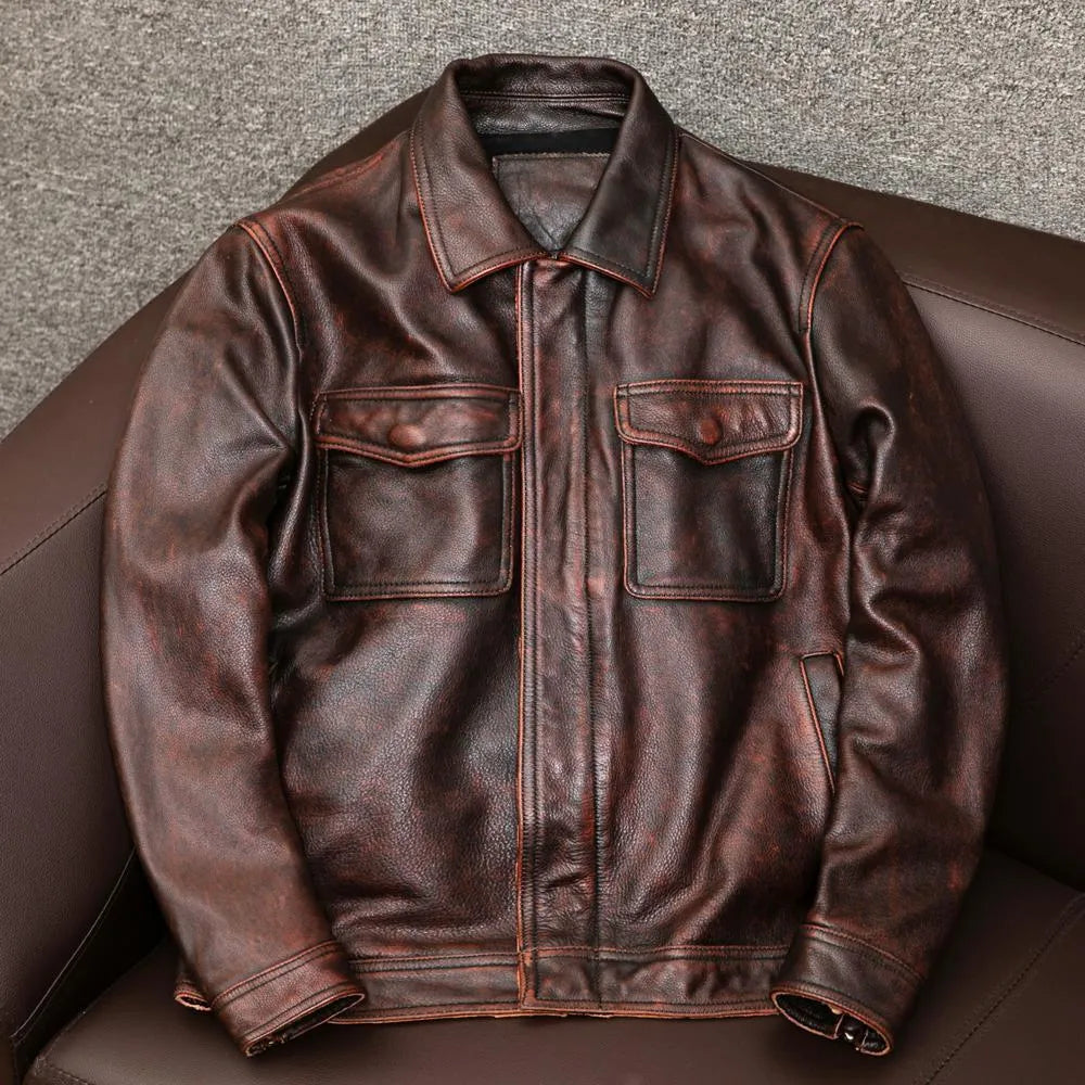 Men's black PU leather jacket plus size loose fit with side seam pockets