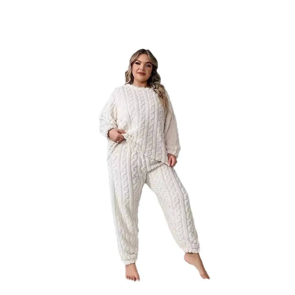Women's milky white polyester two-piece pants set with crew neck top and matching trousers