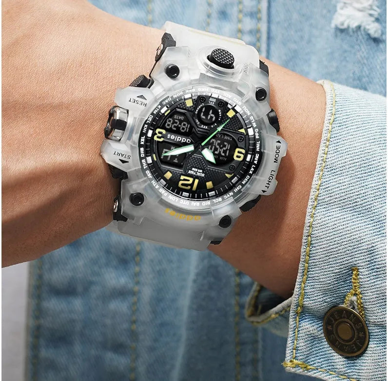 Men's white and black dual display electronic sports watch with plastic strap on wrist