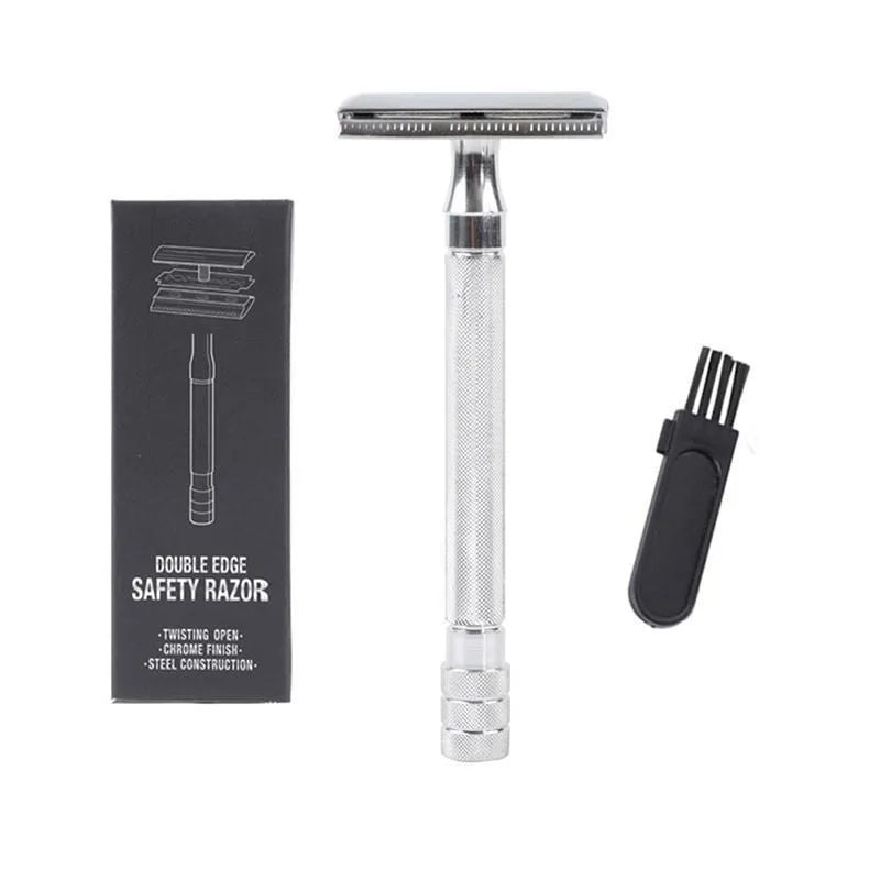 Traditional manual shaving kit showing a metal safety razor and a shaving brush on a dark background.