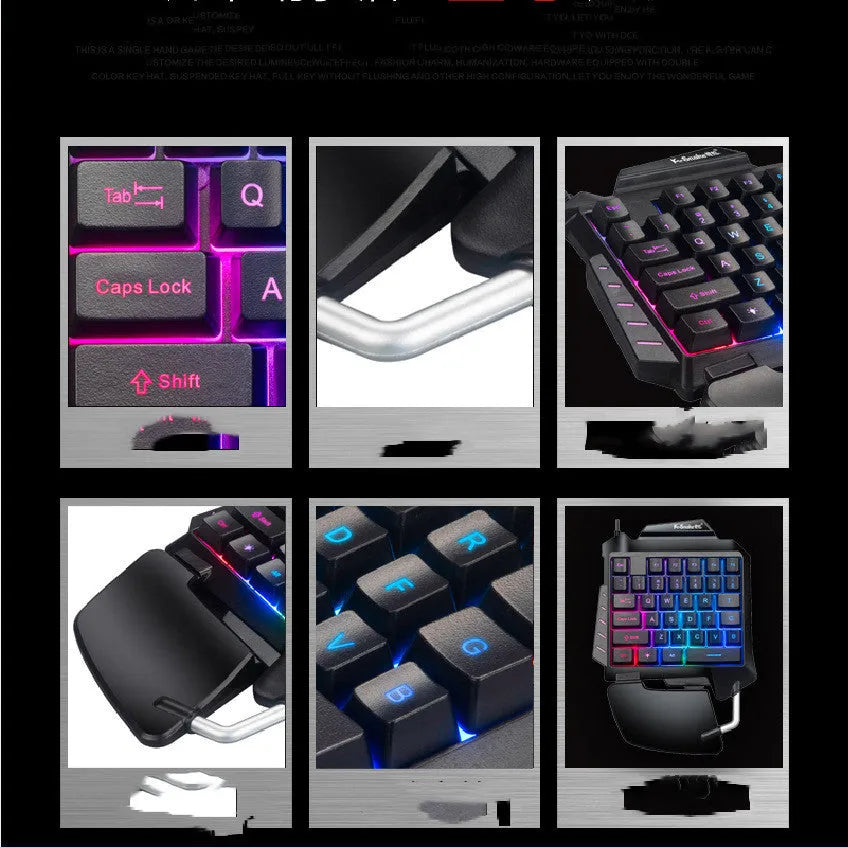 Black one-handed left-handed gaming keyboard with USB cable and integrated hand rest for mobile gaming