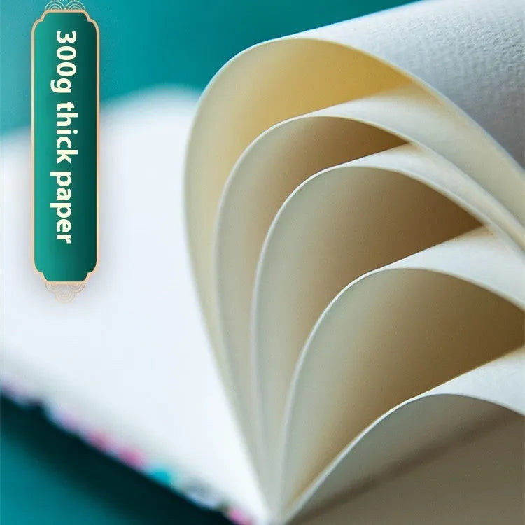 Feiluniao handmade fabric watercolour notebook showing cover design, 185mm long.