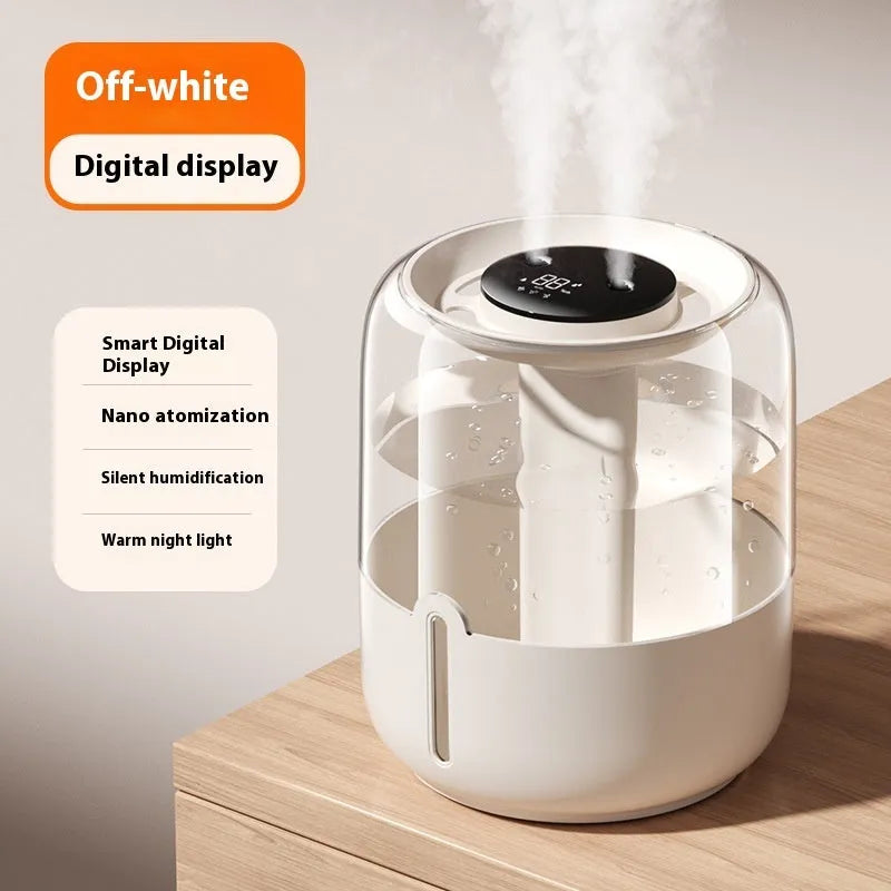 Beige circular USB humidifier with dual spray nozzles and digital display