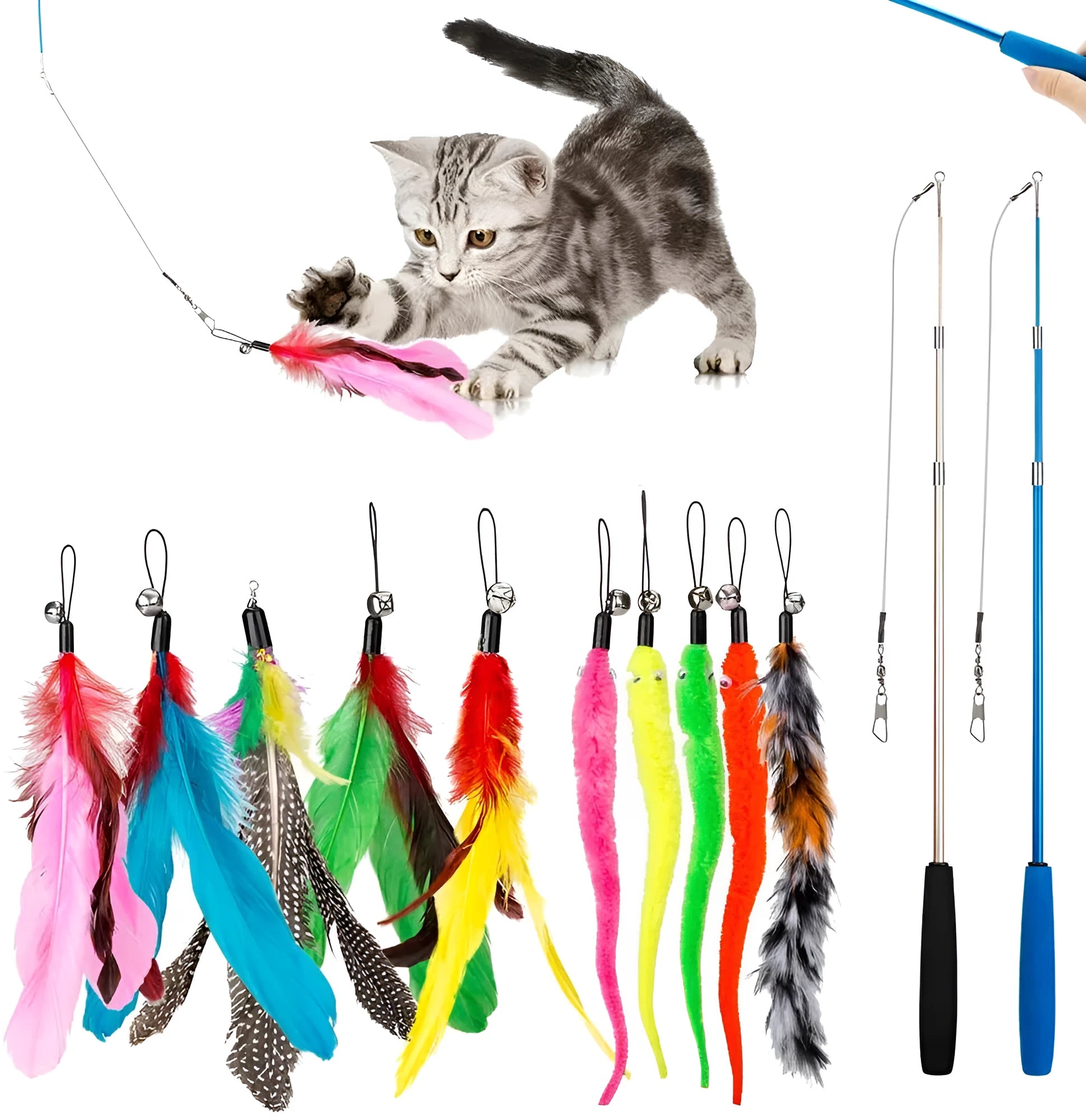 Cat teasing rod set with two fishing pole handles and ten colourful feather replacement heads