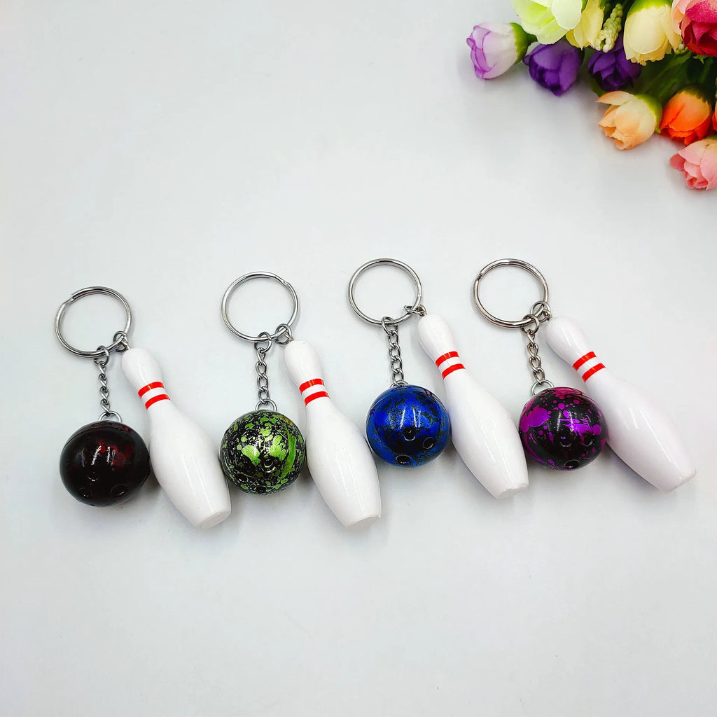 Mini simulation sports bowling keychain pendant in PVC metal construction weighing 26g