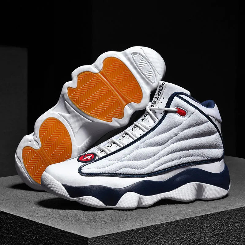 High-top basketball shoes with thick rubber sole and mesh upper in white red colourway