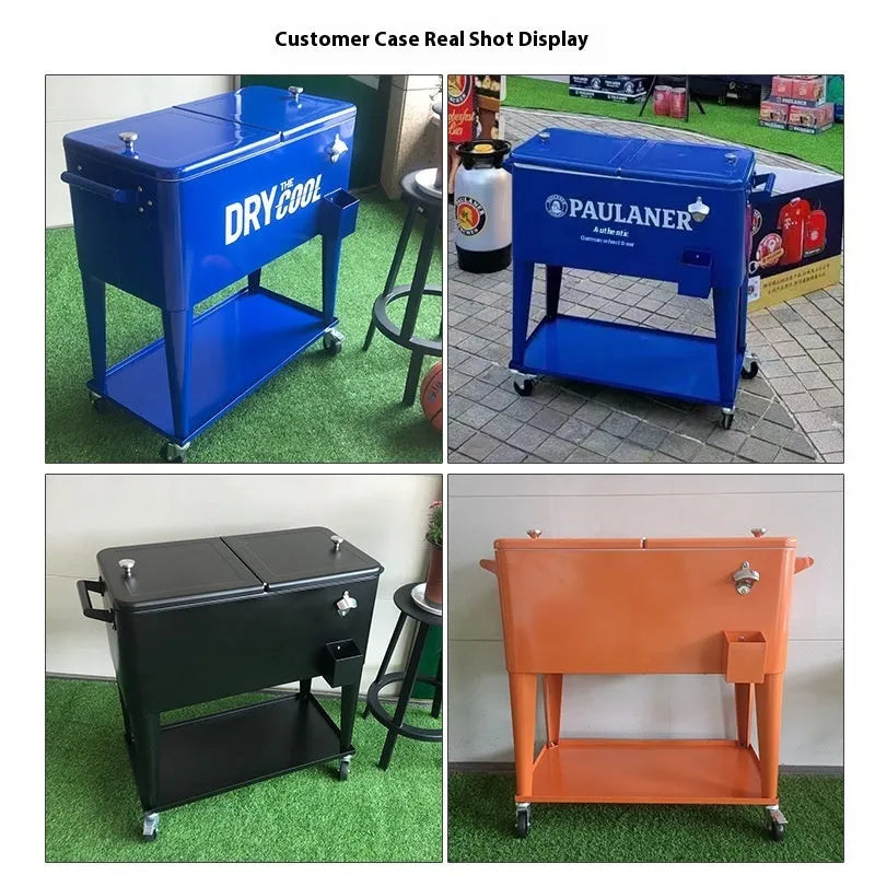 Red metal insulated trolley cart with heat preservation box and ice bucket functionality