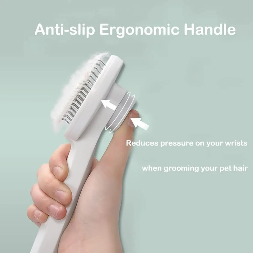 Blue self-cleaning cat grooming brush with rubber-tipped needles and a non-slip handle.