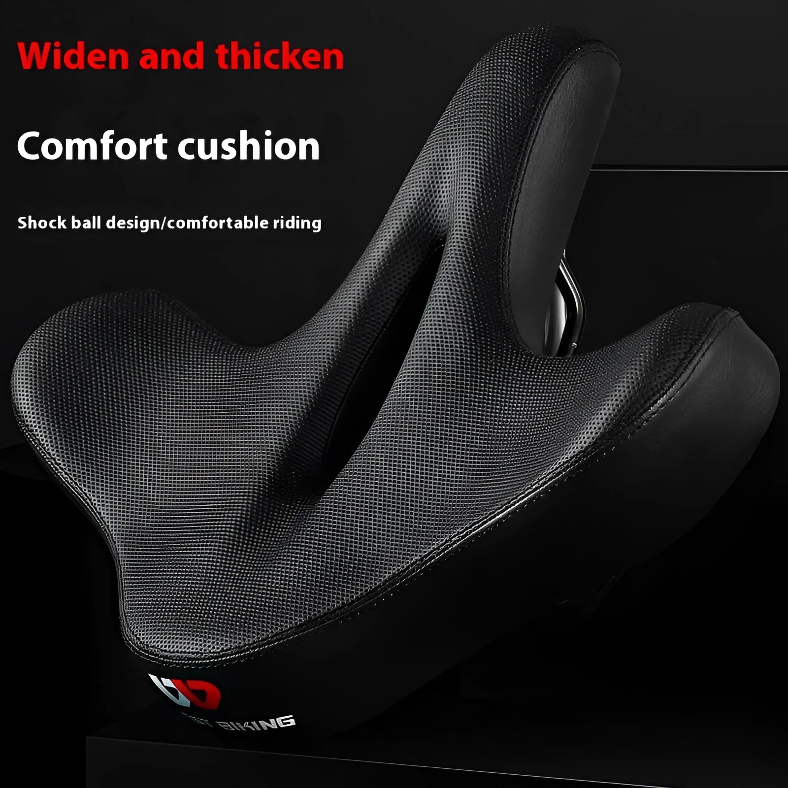 Black bicycle saddle cushion with leather exterior and thickened foam padding for shock absorption