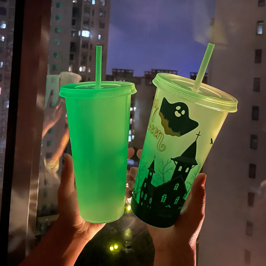A 720ml plastic Halloween sippy cup with a luminous straw, shown in one of six available colours.