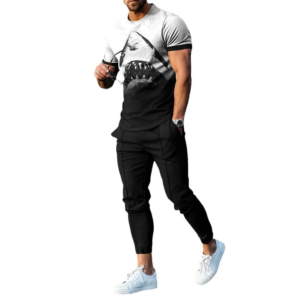 Man wearing a printed short-sleeve T-shirt and matching trousers from a polyester sports set.