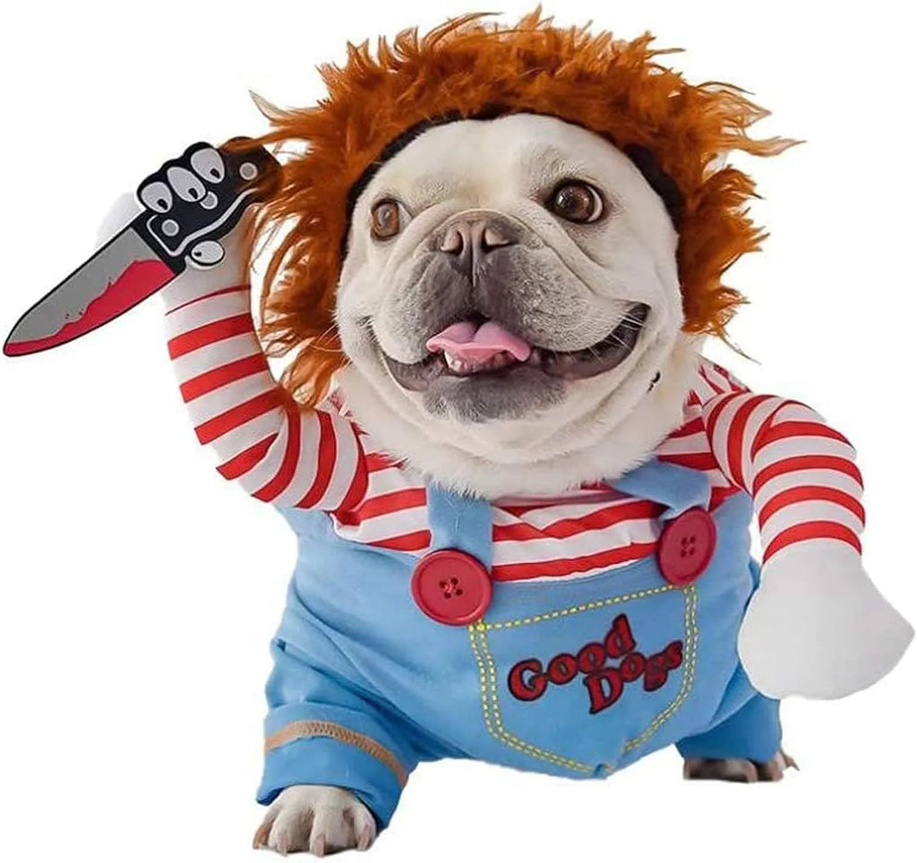 Striped Halloween costume set for pets including vest, pants, and plastic knife accessory