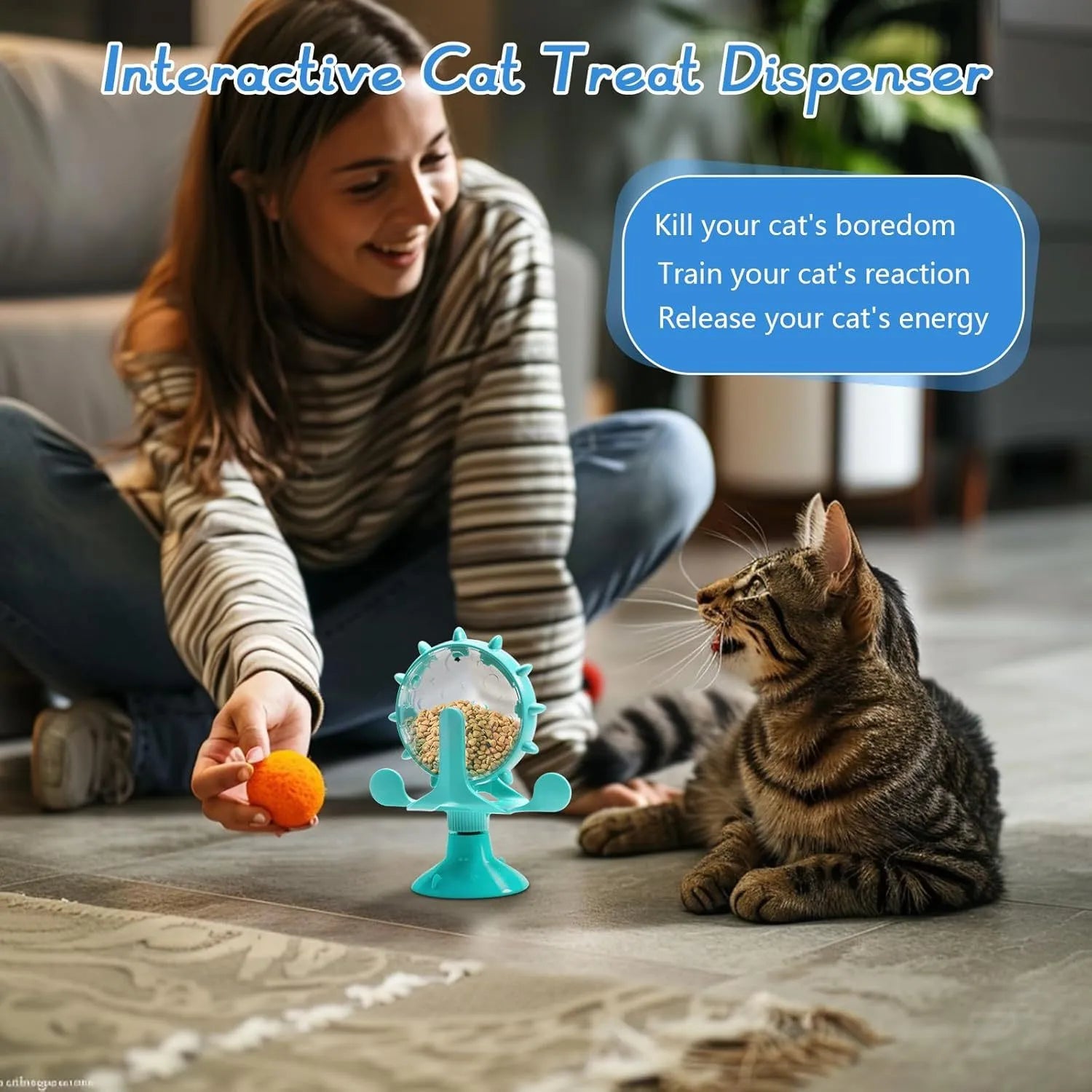 Interactive pet spinner feeder toy in blue green red yellow colours with floor sucker for cats and small dogs