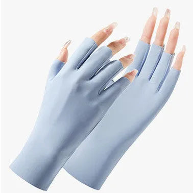 Women's thin ice silk sunscreen gloves showing UPF50+ protection and cooling fabric