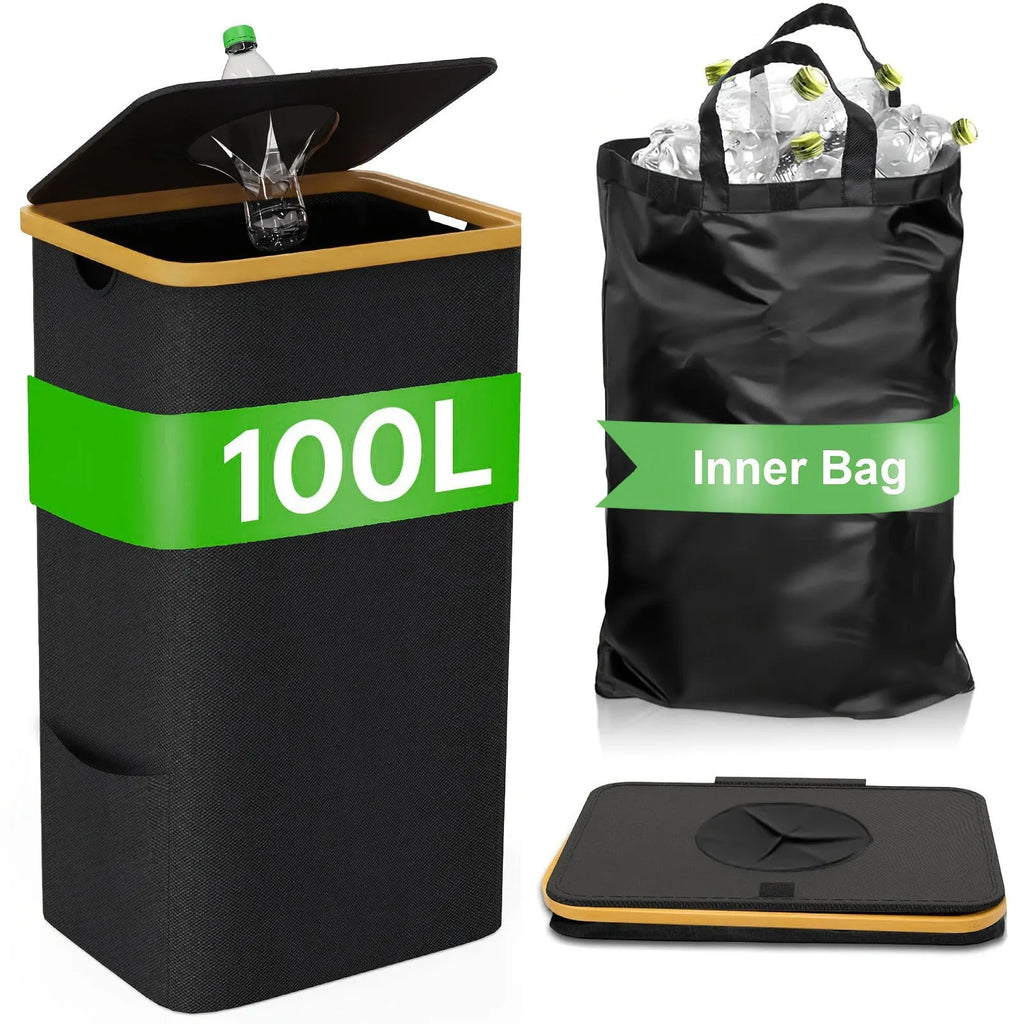 Black bamboo laundry basket with removable lid showing double inner pockets and ventilation holes
