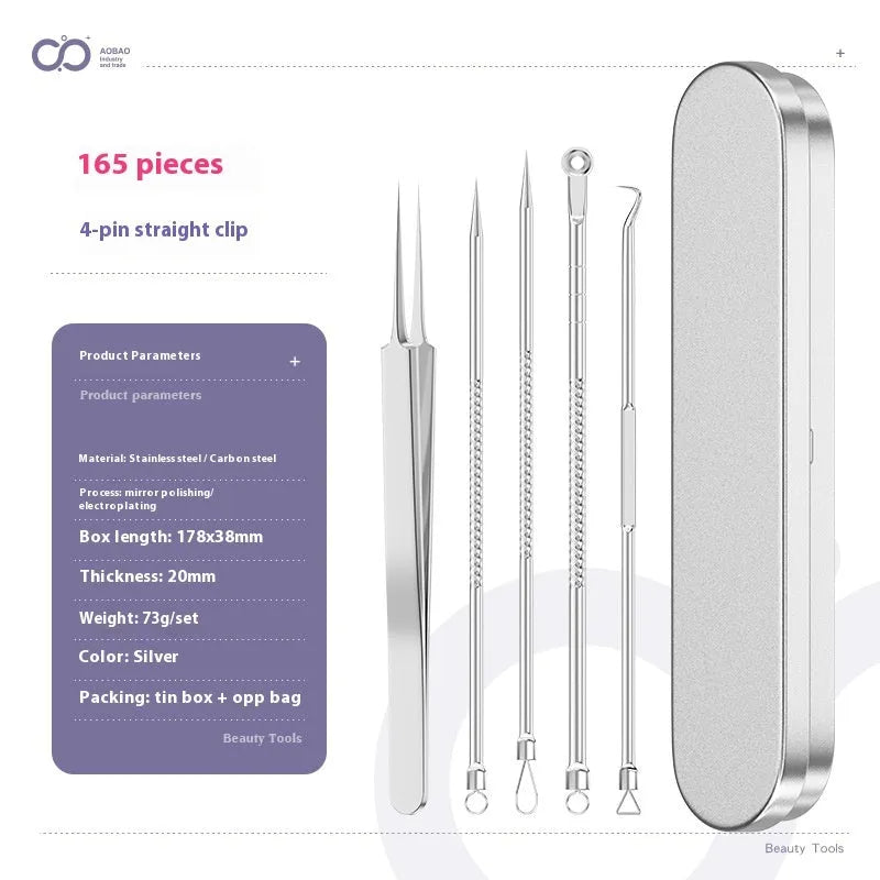 Four silver metal acne needles with pointed tips laid out on a surface.