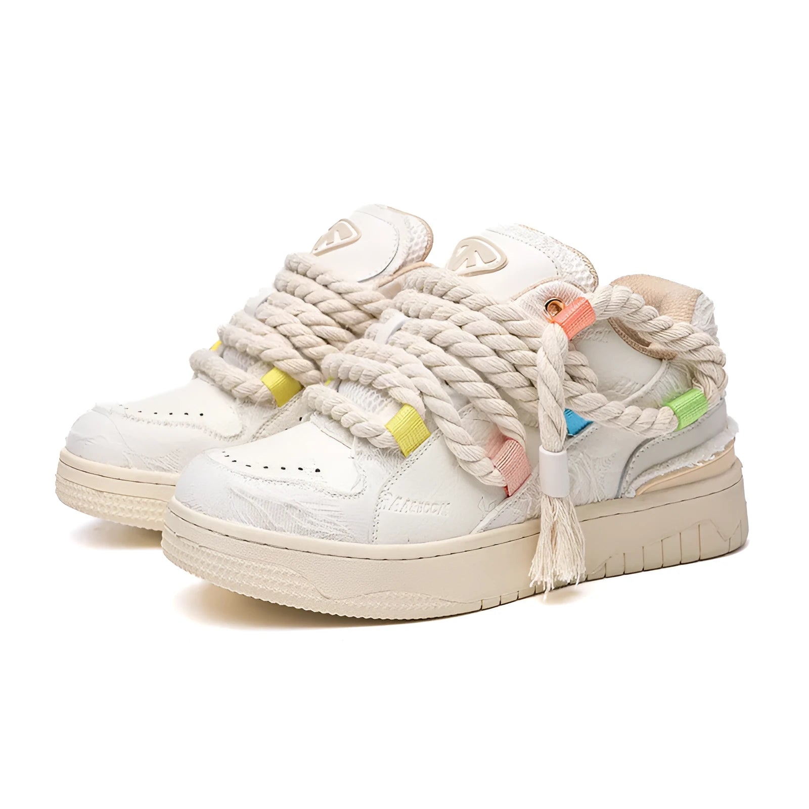 Creamy white retro skate shoes with low platform sole and lace-up design