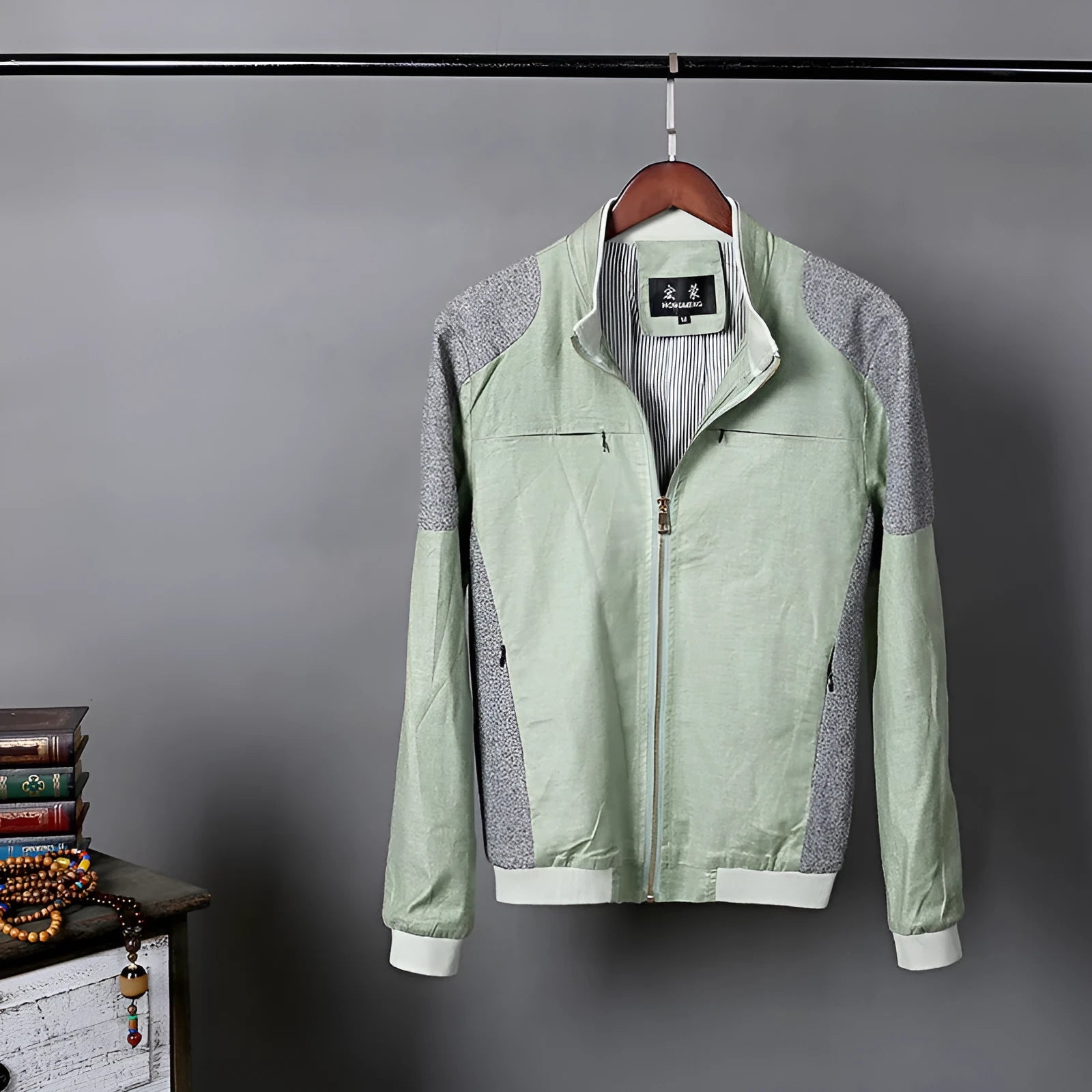 Men's lightweight cotton linen jacket in regular fit, shown in heather grey, grass green, and blue colour options.